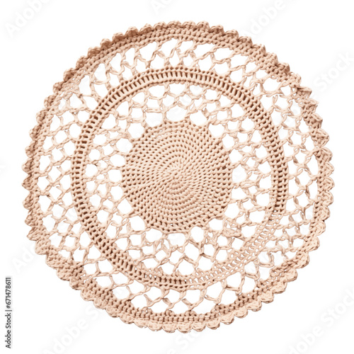 Round knitted beige/coffee lace doily, retro rug. Isolated on a transparent background.