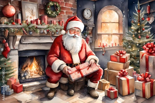 A beautifully detailed watercolor illustration of a cozy Santa Claus seated by a fireplace, surrounded by festive decorations and wrapped presents