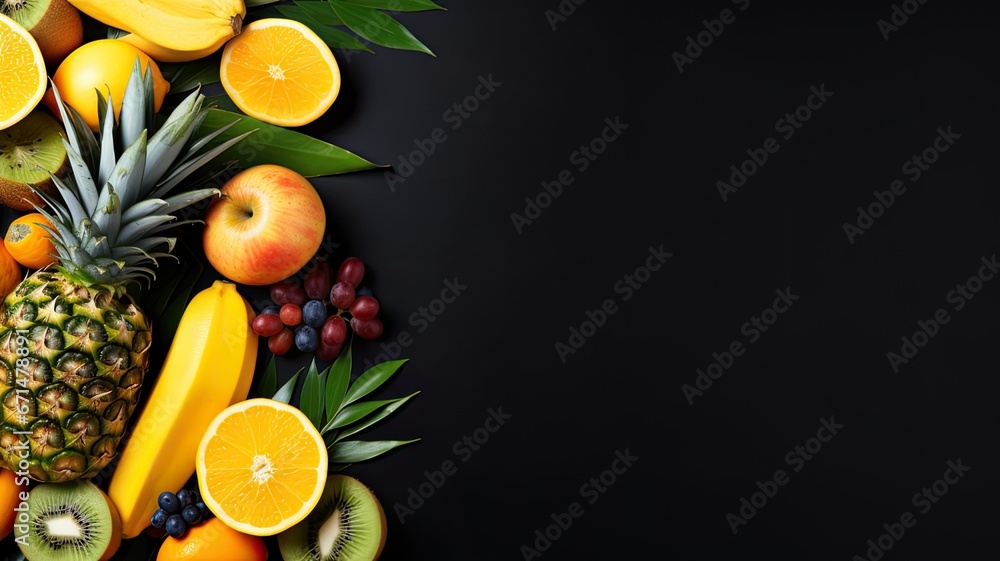 Tropical fruit background template flat lay - obrazy, fototapety, plakaty 
