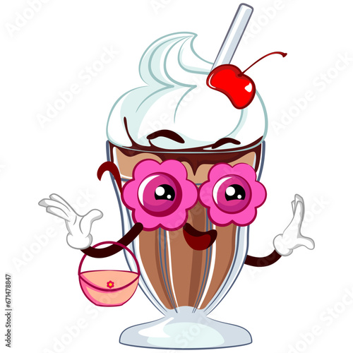 mascot character of a milkshake glass with a cute flirty face wearing unique floral glasses and carrying a pretty handbag, isolated cartoon vector illustration. emoticon, cute milkshake glass mascot