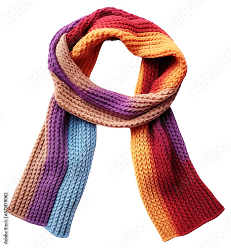 Knitted, colored scarf, tied in a loop. Isolated on a transparent background.