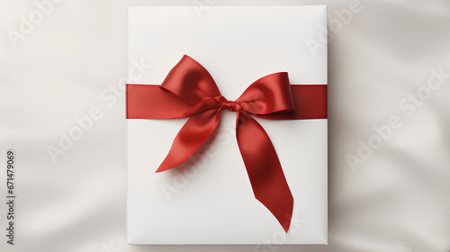 white piece of paper with silk red ribbon bow on white background © Muhammad