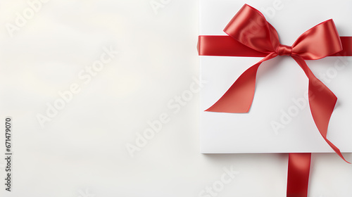 white piece of paper with silk red ribbon bow on white background