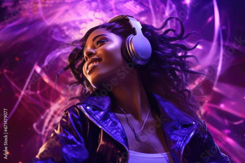 Young afro american teenage girl enjoying cool music on purple background in lights