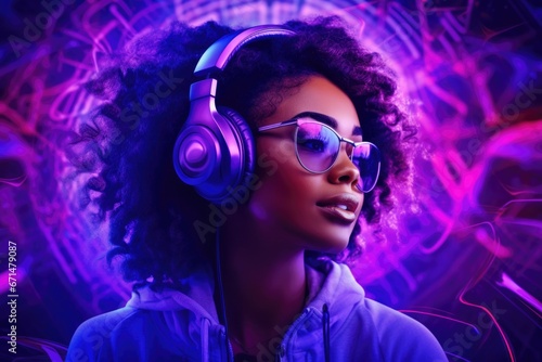 Young afro american teenage girl enjoying cool music on purple background in lights