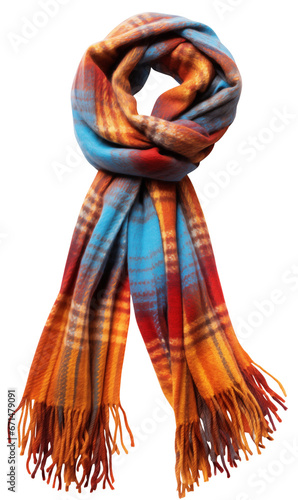 Orange and blue plaid scarf tied in a loop. Isolated on a transparent background.