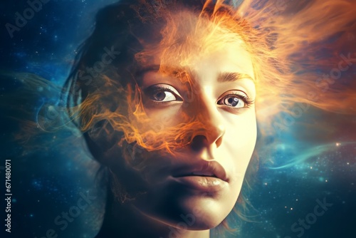 Cosmic nebula woman head light. Art genius face female light. Generate Ai