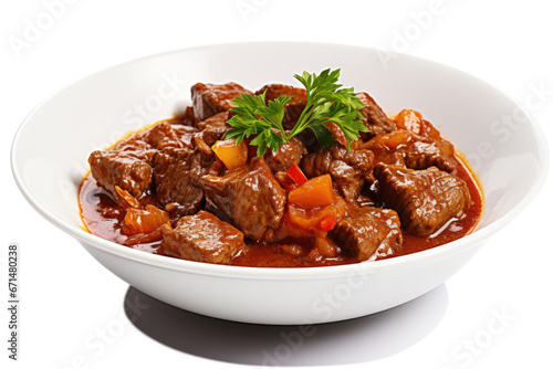 Dish of meat stew with tomato sauce on white background