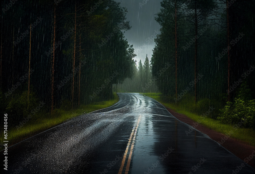 Fototapeta premium A forest road in the rain. AI Generated