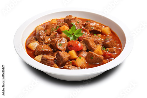 Dish of meat stew with tomato sauce on white background