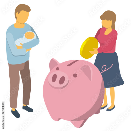 子育て世代の投資、資産運用のイメージイラスト。アイソメトリック構図。
