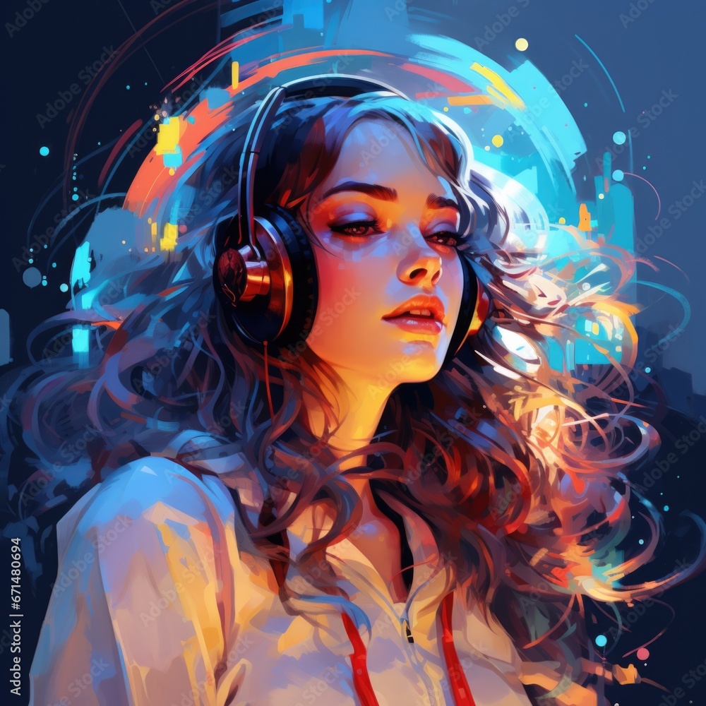 Naklejka premium Acrylic portrait of a young woman listening to music on headphones. Modern lifestyle. Close-up