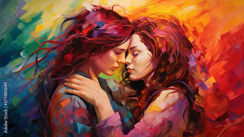 Two beautiful girls in love with long hair, hugging each other, against the background of a multicolored rainbow © Marina