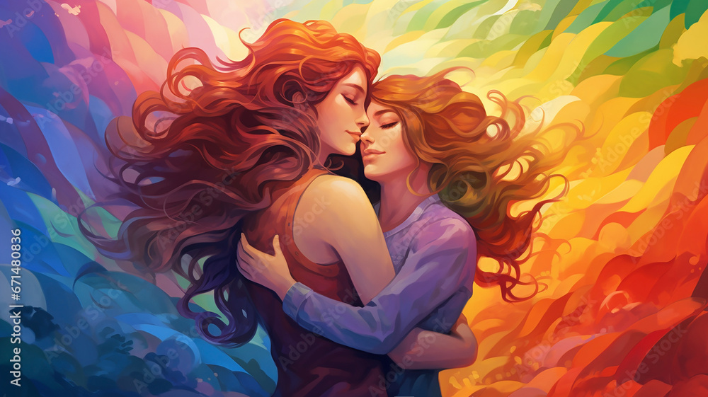 Two beautiful girls in love with long hair, hugging each other, against the background of a multicolored rainbow Two beautiful girls in love with long hair, hugging each other, against the background of a multicolored rainbow