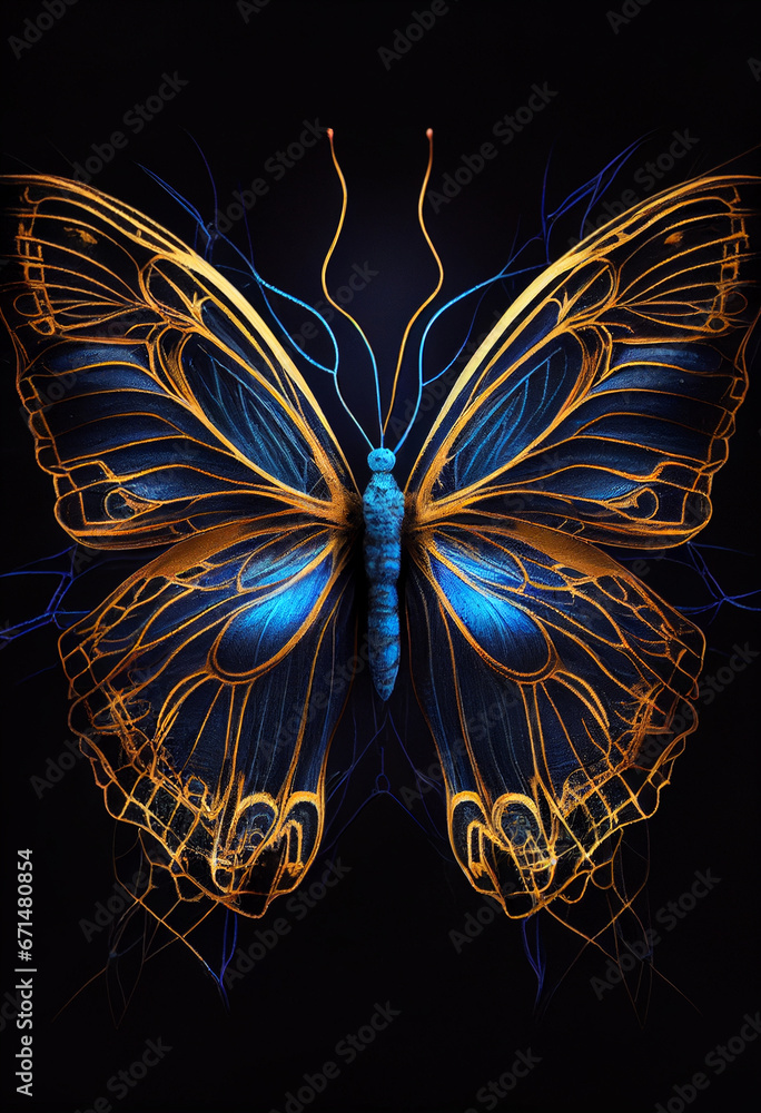 A golden butterfly with a blue neon color emanating from it. AI Generated A golden butterfly with a blue neon color emanating from it. AI Generated