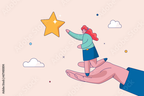Career development support concept. Assistant or mentor to help reach business goal to achieve target. Helping hand lifting businesswoman employee to overcome obstacle to reach the star in the sky.