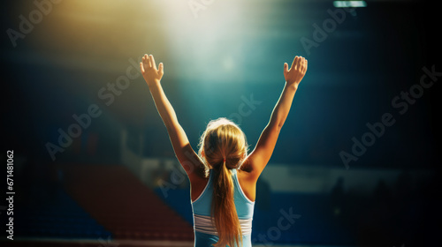 Blonde little gymnast jubilantly raises arms in spotlighted gym.