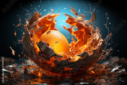 A symbolic representation of a hatchling breaking free from darkness as it pushes through a cracked eggshell towards the light. 