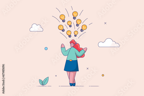 Creative ideas flow, inspiration and insights concept. Inspired happy woman with good imagination, creativity, thoughts, lightbulbs. Positive thinking or inspiration and happiness in work. Flat vector
