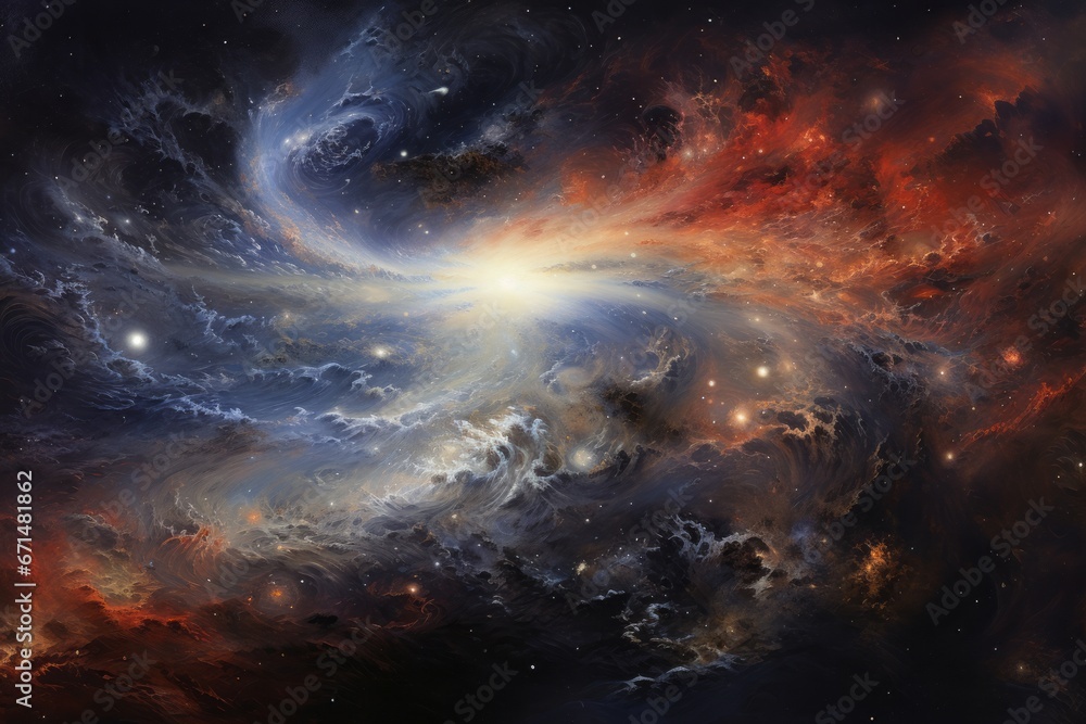Fototapeta premium A chaotic and turbulent cosmic scene, with spirals of stars and galaxies intertwined against the dark expanse of space, invoking a sense of celestial wonder.