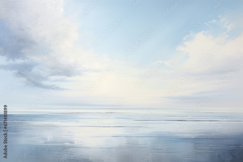An abstract portrayal of a tranquil seascape, with gentle streaks of pastel blue and soft gray, mirroring a calm, overcast day by the ocean.