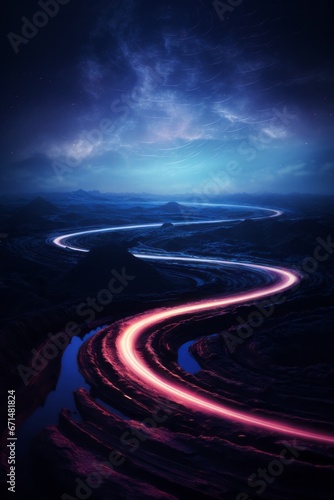 A surreal image of a car's path on the road, with the trace transformed into a spiraling vortex of color, symbolizing the sensation of travel.