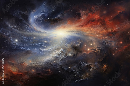 A chaotic and turbulent cosmic scene  with spirals of stars and galaxies intertwined against the dark expanse of space  invoking a sense of celestial wonder.