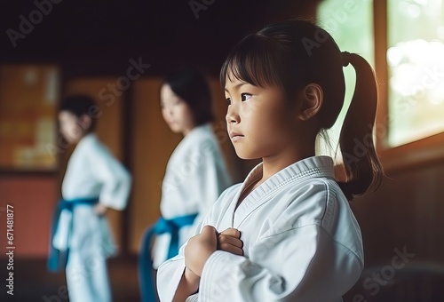 Young girl karate athlete. Martial attack kick sporty posture. Generate Ai photo