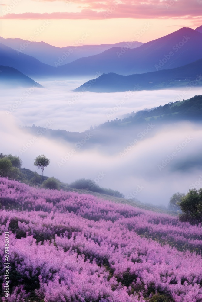 A serene landscape with streaks of muted lavender and soft pink, capturing the ethereal beauty of a misty morning in the mountains.