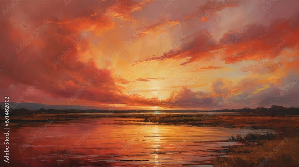 A vibrant abstract landscape with streaks of fiery red and orange, resembling a blazing sunset against a darkening sky, signifying the approach of a warm summer evening.