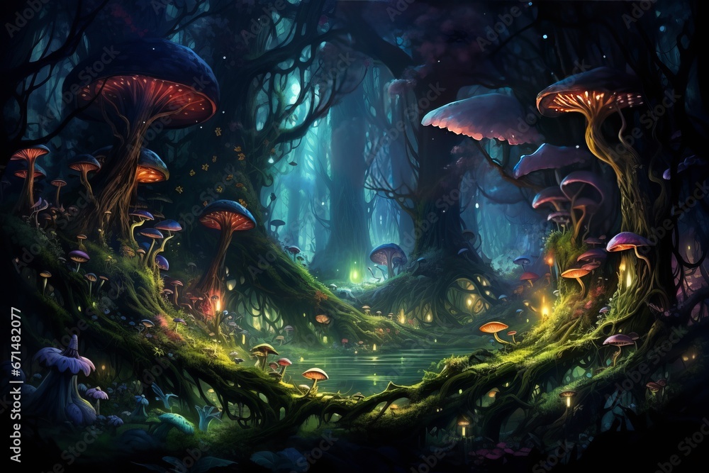 Fototapeta premium A mystical forest with ancient, towering trees inhabited by whimsical fairies and talking animals, their eyes filled with curiosity.