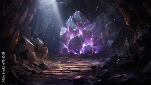 A hidden cave filled with glowing crystals and guarded by a massive stone golem.
