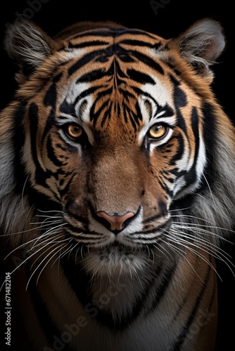 A dramatic portrait of a fierce Bengal tiger, its piercing eyes and striped fur exuding power and intensity. © Oleksandr