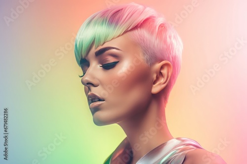 Modern neon woman makeup background. Retro person girl trendy adult. Generate Ai