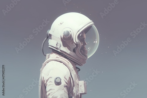 The character in an astronaut suit is portrayed in soft pastel gray tones  their form merging seamlessly with a minimalist pastel white expanse.