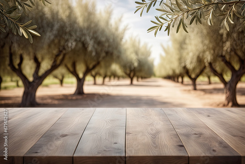 Texture board panel on wooden empty table background, defocused olive trees