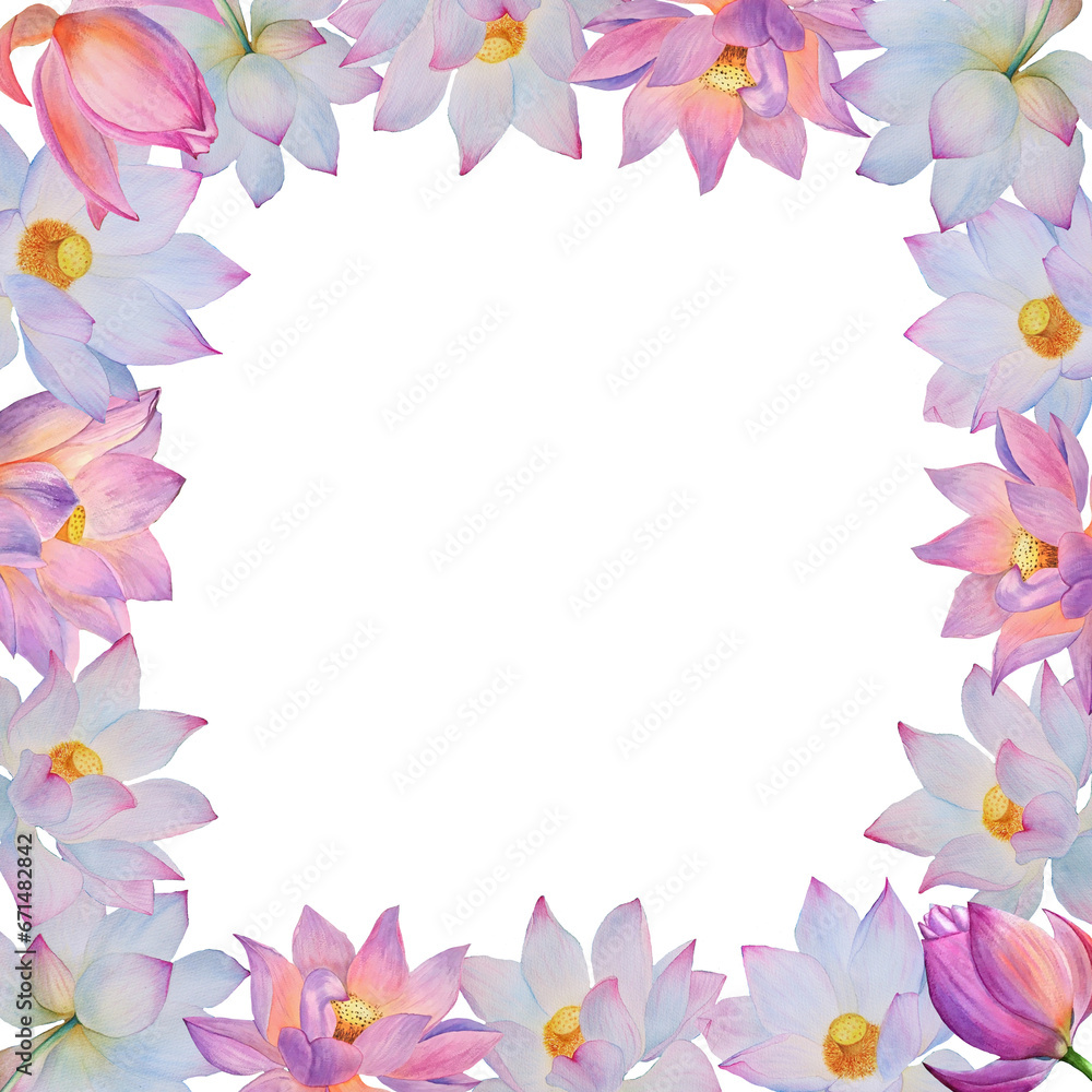 A frame made of a lotus flower bouquet. Watercolor flower illustration. Isolated white background, hand-drawn. Suitable for wedding decorations, greetings, wallpapers, fashion, posters, backgrounds. A frame made of a lotus flower bouquet. Watercolor flower illustration. Isolated white background, hand-drawn. Suitable for wedding decorations, greetings, wallpapers, fashion, posters, backgrounds.