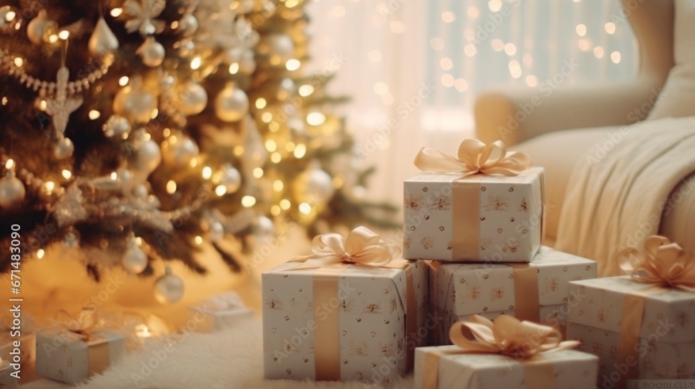 Cozy morning Christmas presents ai generated banner background copy space Cozy morning Christmas presents ai generated banner background copy space