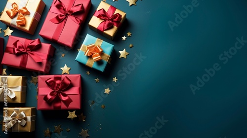 Joyful Christmas gift boxes ai generated banner background copy space