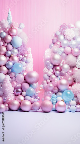 Unique pink, purple, blue Christmas, new year celebration background with balloons and balls. Great idea for Christmas interior, backdrop, background. Generative AI