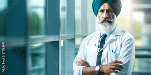 Indian male doctor with turban gazing through hospital window. photo
