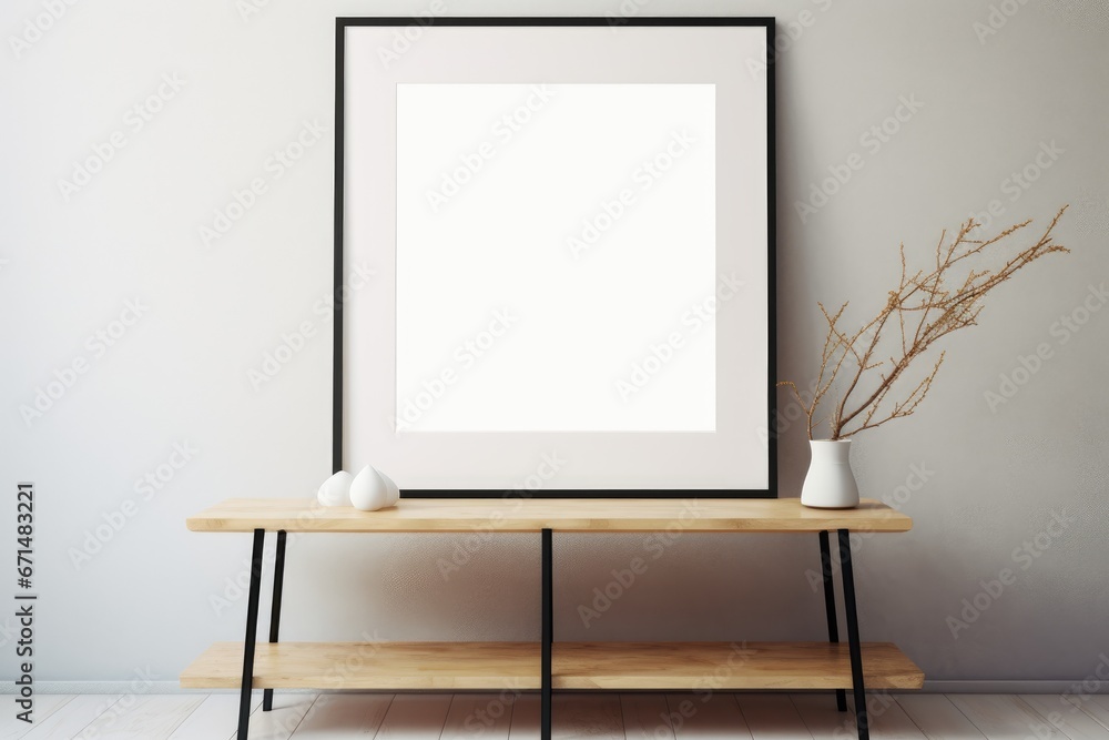 frame with blank poster mockup on wooden table with green plant in pot. White wall background frame with blank poster mockup on wooden table with green plant in pot. White wall background