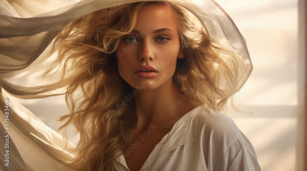 Photo of a beautiful woman surrounded by light flowing fabric blowing in the wind, close-up Photo of a beautiful woman surrounded by light flowing fabric blowing in the wind, close-up