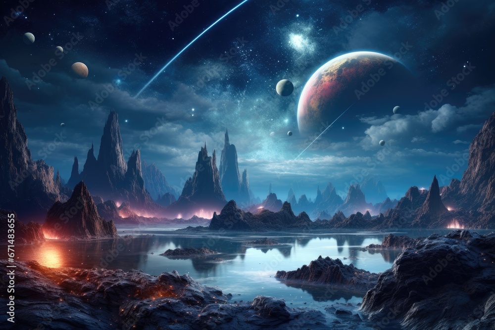 alien landscape, fantasy planet, night sky with stars on background. Generative AI