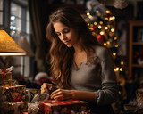 Young woman packing gifts for Christmas
