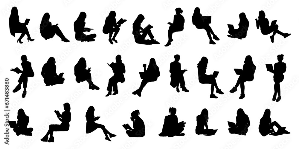 set of silhouettes of females sitting illustration vector