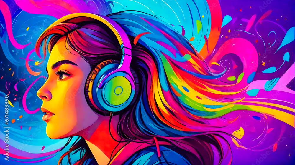 girl with headphones in a colorful vivid background. An illustration of auditory hallucinations. Mental health concept
