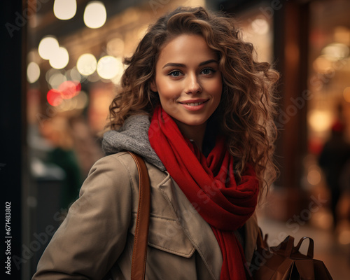 Christmas shopping concept. Smiling young woman walking around city near shop windows on winter evening