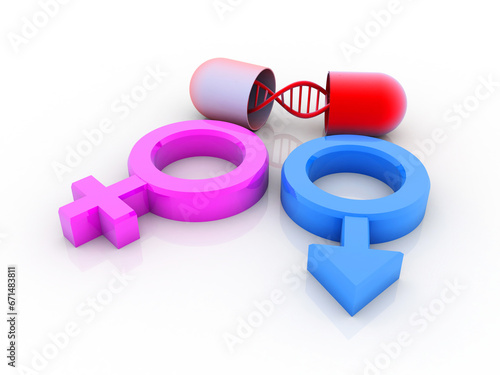 3D rendering Gender symbols of man and woman with dna 