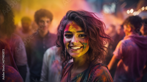 Close-up portrait of a girl looking at camera after playing with colourful holi powder during festival celebration. Holy colors festival. Generative AI